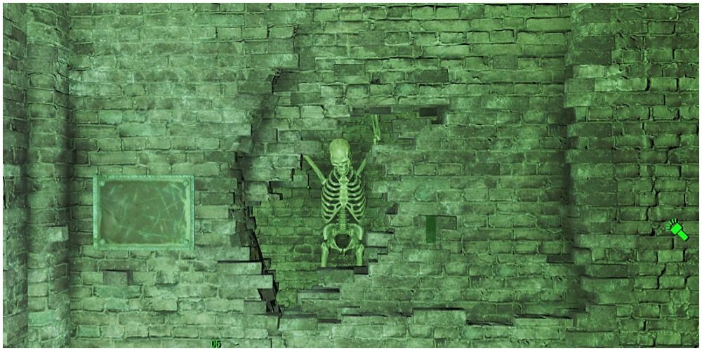 A skeleton bricked into a wall in Fallout 4