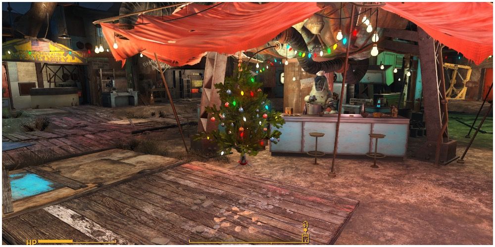 A Christmas tree and lights set up in Fallout 4's Diamond City