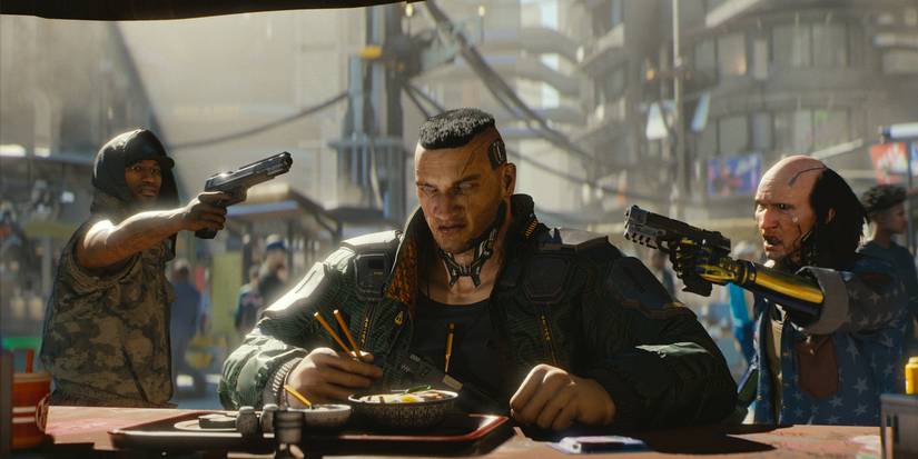 Cyberpunk 2077 Jackie Sitting at a bar at gun point