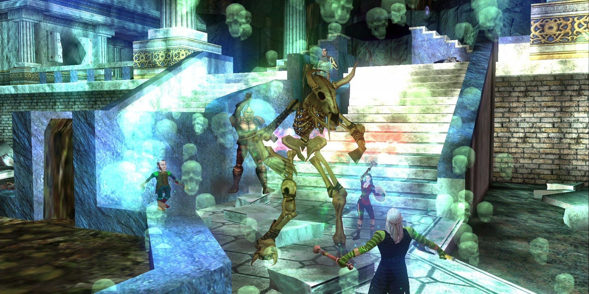 EverQuest MMORPG combat with horned skeleton on stairs