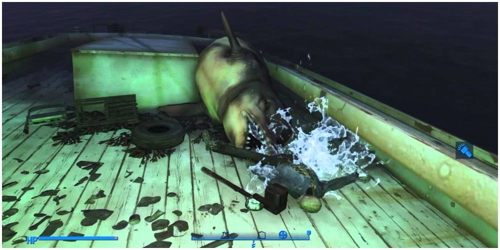 A mutated dolphin attacking a ship in Fallout 4
