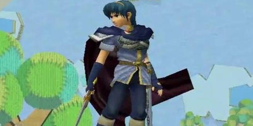 Marth with sword drawn in Yoshi's Story stage in Smash Bros Melee