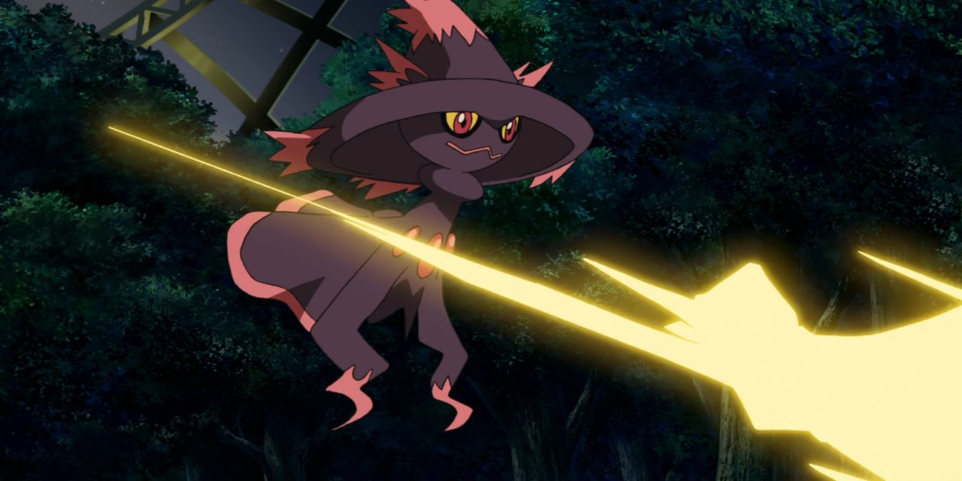 Mismagius wielding flaming spear in Pokemon anime