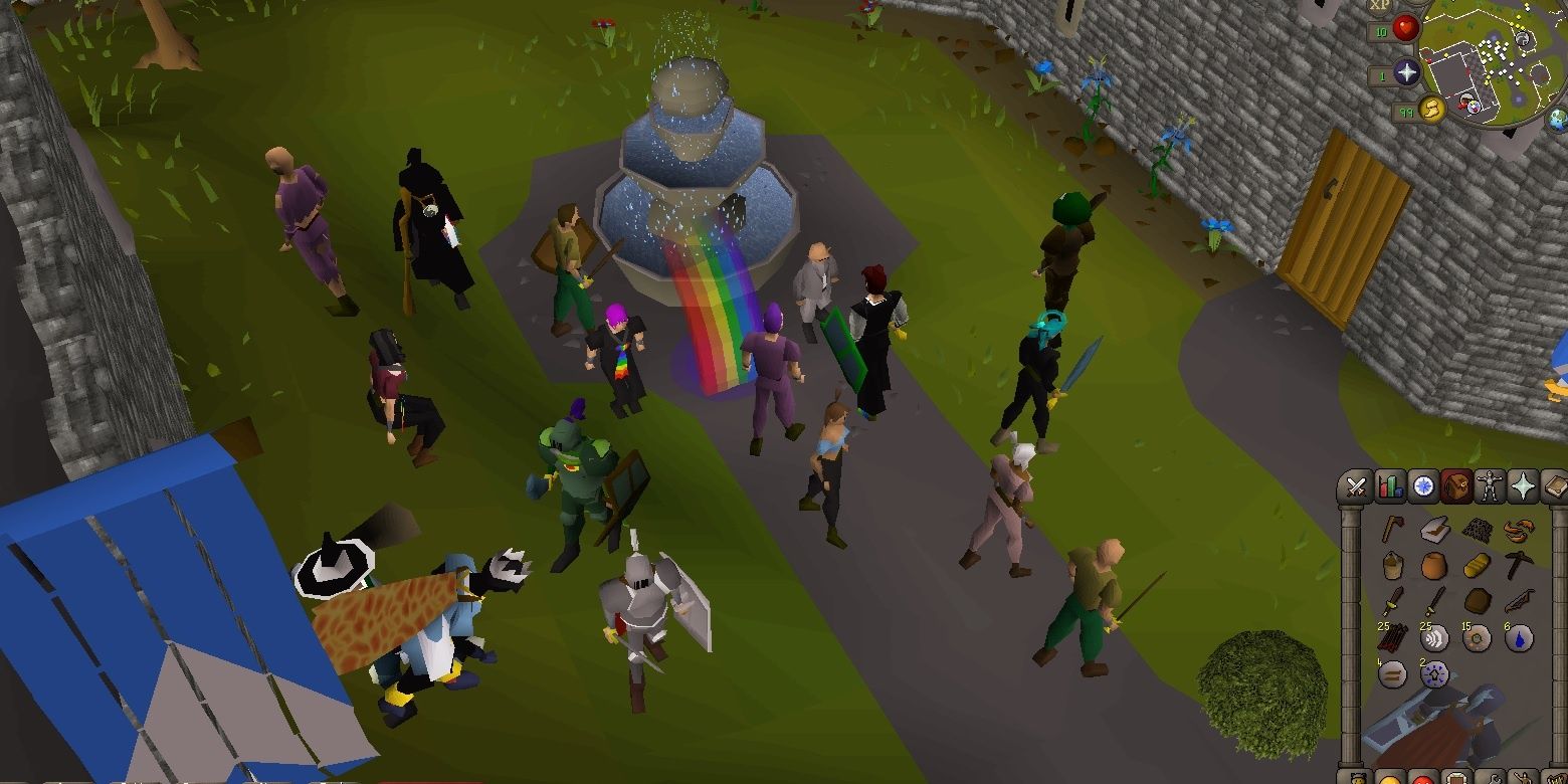 RuneScape screenshot fountain with rainbow and inventory