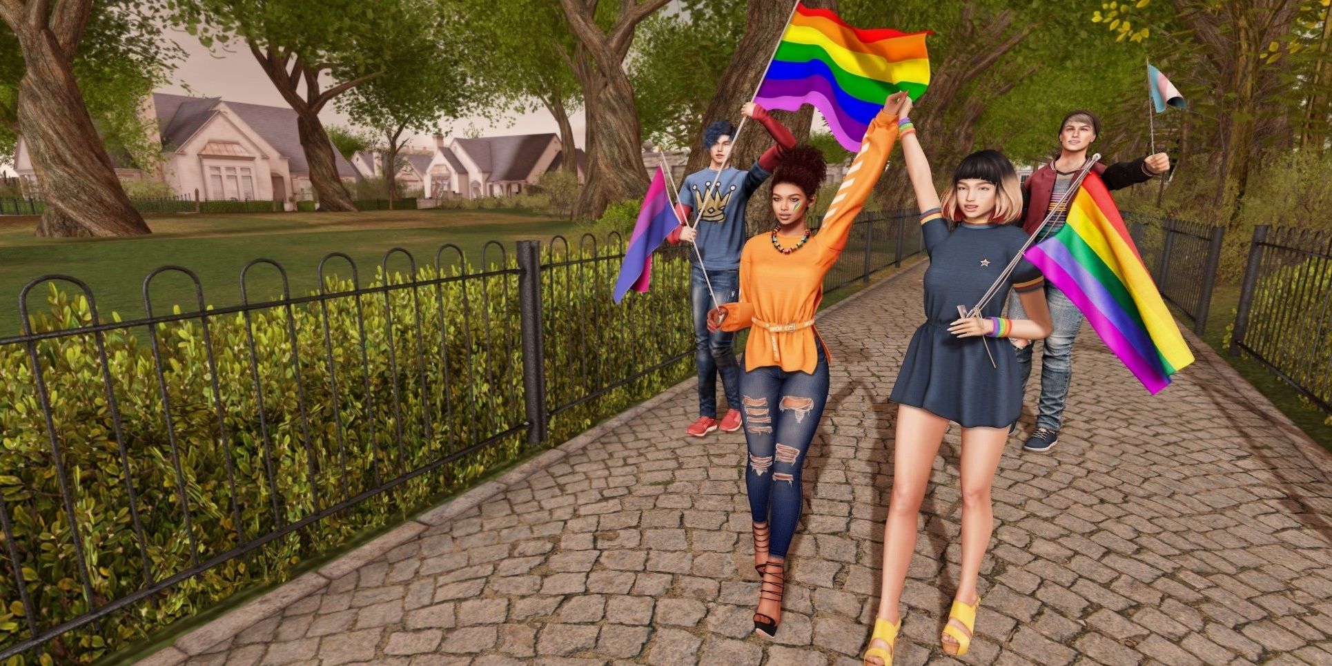 Secodn Life screenshot characters in a park with pride flags