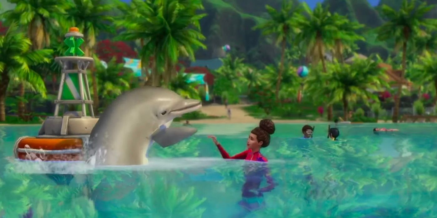 Sims 4 - Female sim playing with dolphin