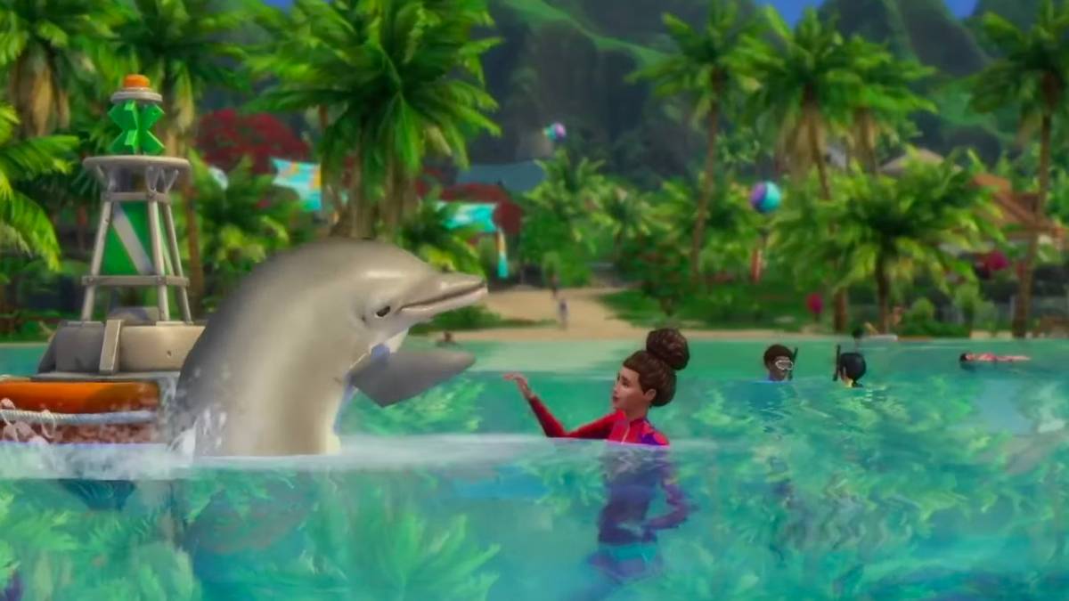 Sims 4 - Female sim playing with dolphin