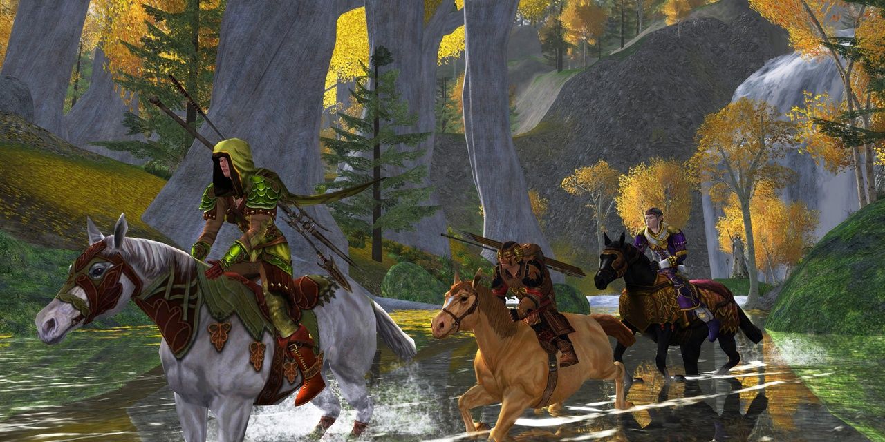 The Lord of the Rings Online, three players riding horses through a lake