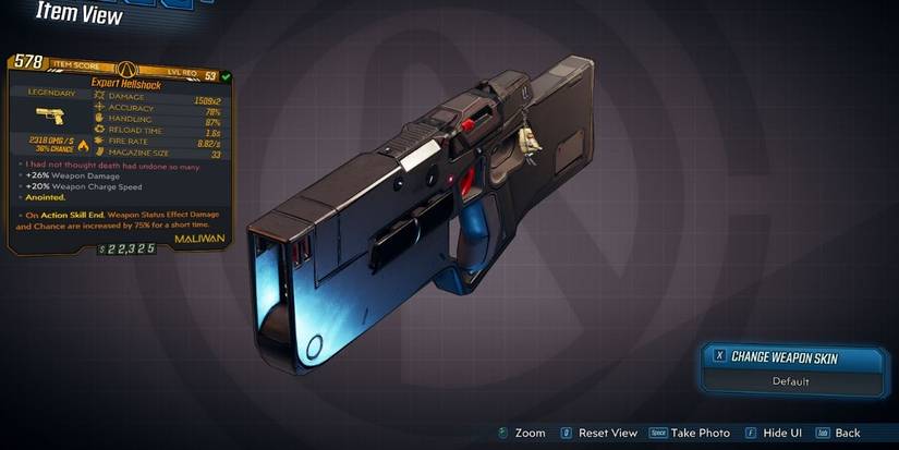 Borderlands 3 Legendary Hellshock Pistol stat screen