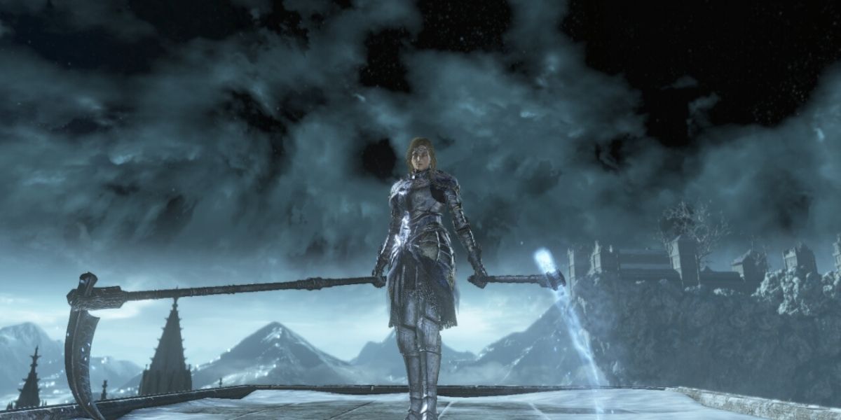 A character wielding Friede's Great Scythe in Dark Souls 3