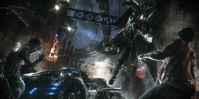 Batman leaping out of Batmobile