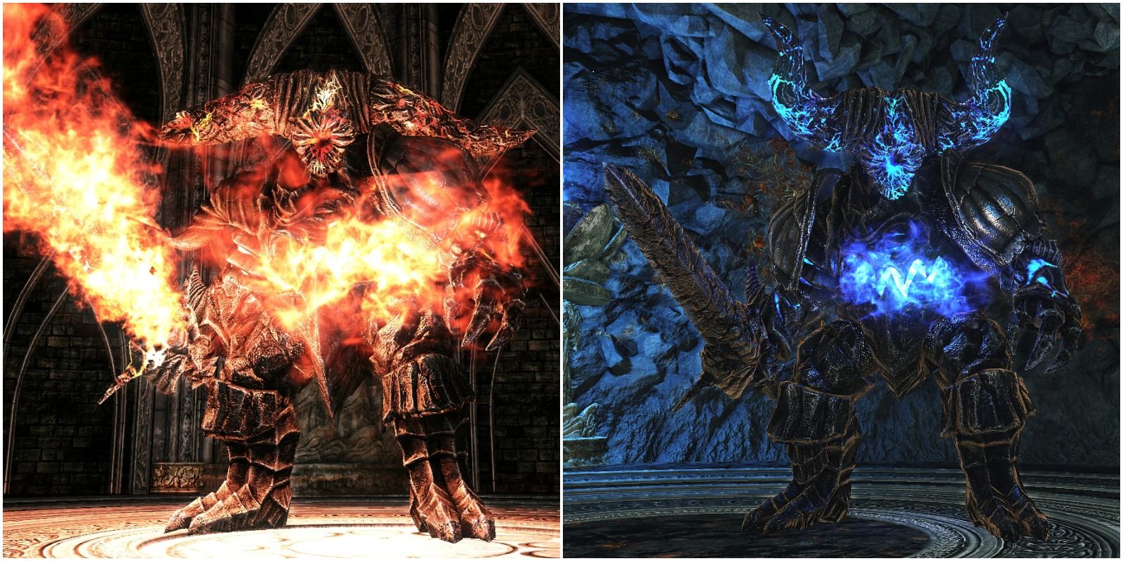 red smelter demon on left and blue smelter demon on right
