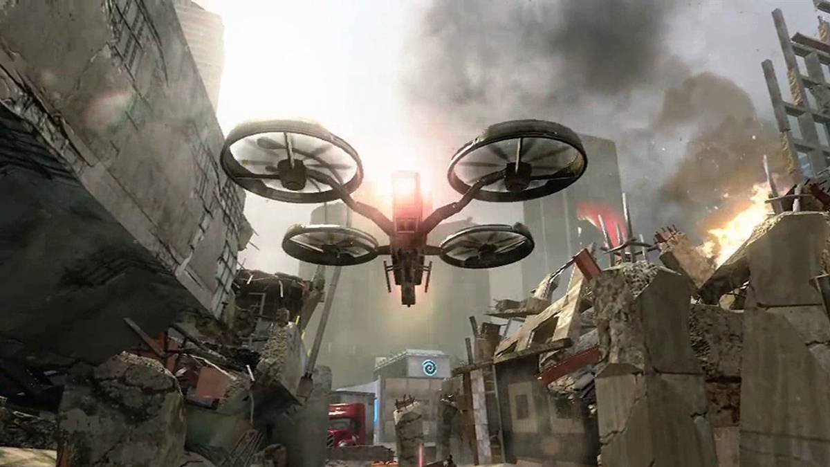 drone flying among burning city