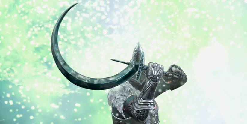 extremely curved sword held over the player's head