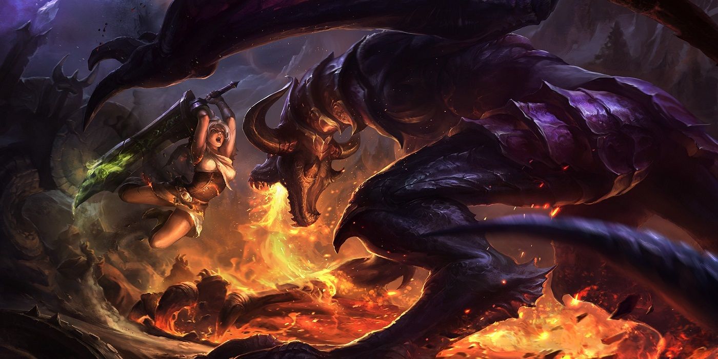 league of legends official artwork of riven fighting shyvana