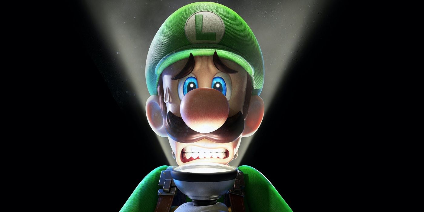 Luigi looks scared while holding a flashlight