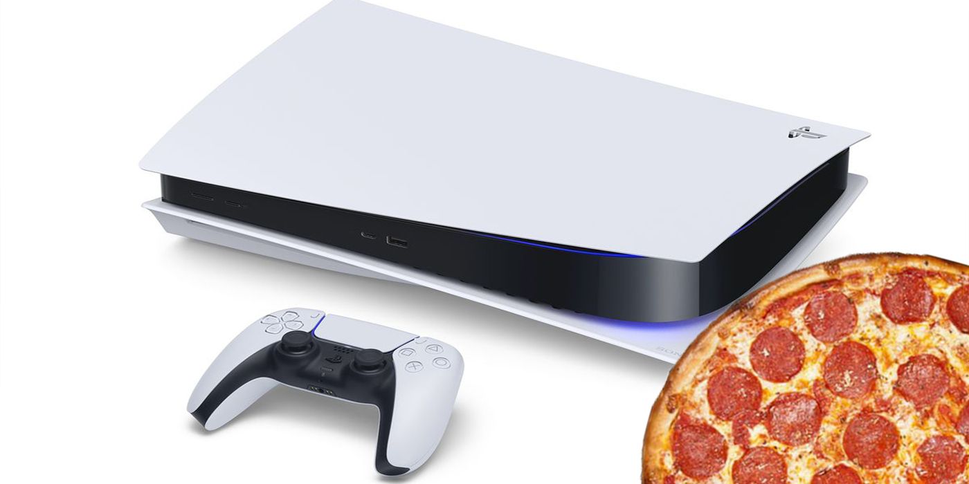 PlayStation 5 on side with pizza