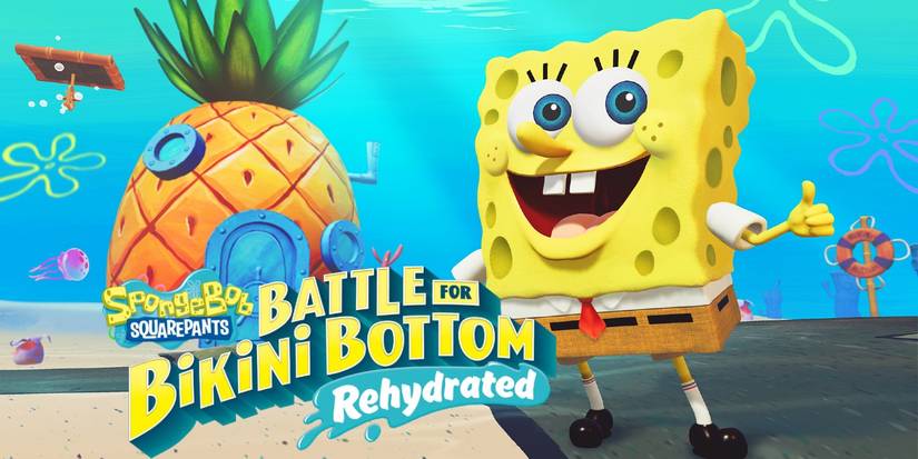 spongebob squarepants standing next to the title and in front of his house