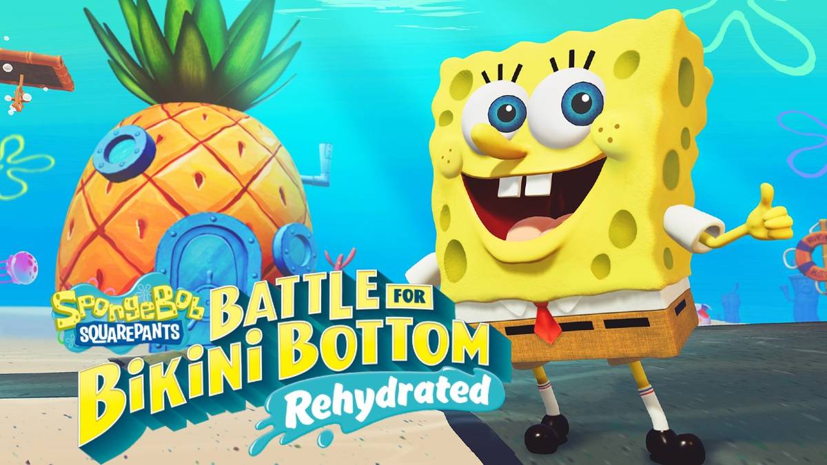 spongebob squarepants standing next to the title and in front of his house