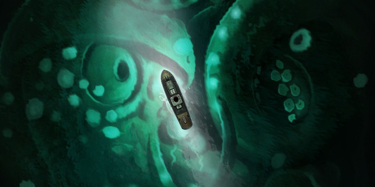 Sunless Sea birds-eye-view of a small ship with an underwater view beneath