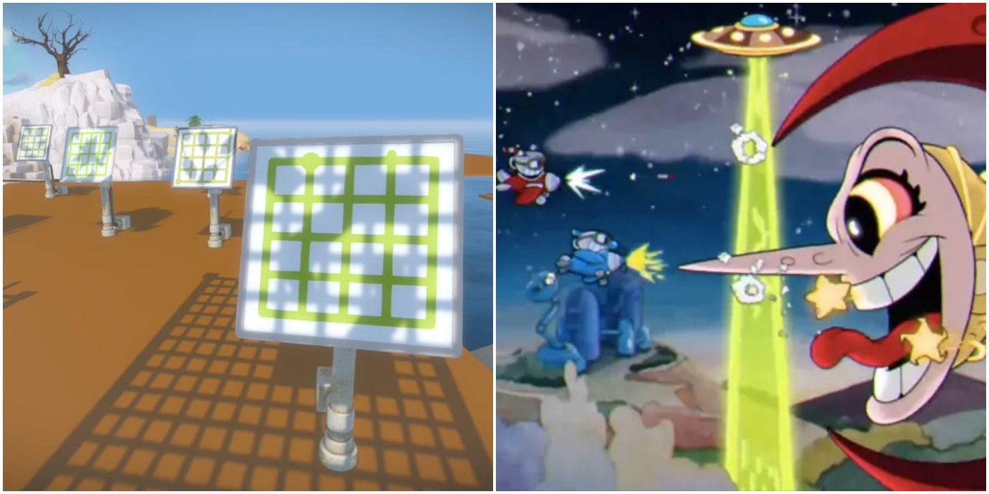 (Left) Shadow puzzles from The Witness (Right) Boss fight from Cuphead