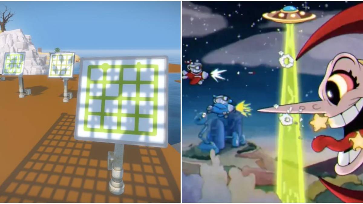 (Left) Shadow puzzles from The Witness (Right) Boss fight from Cuphead