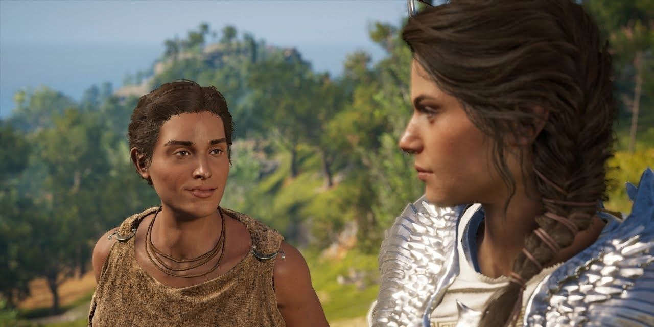 Anias looks at Kassandra lovingly mid-conversation