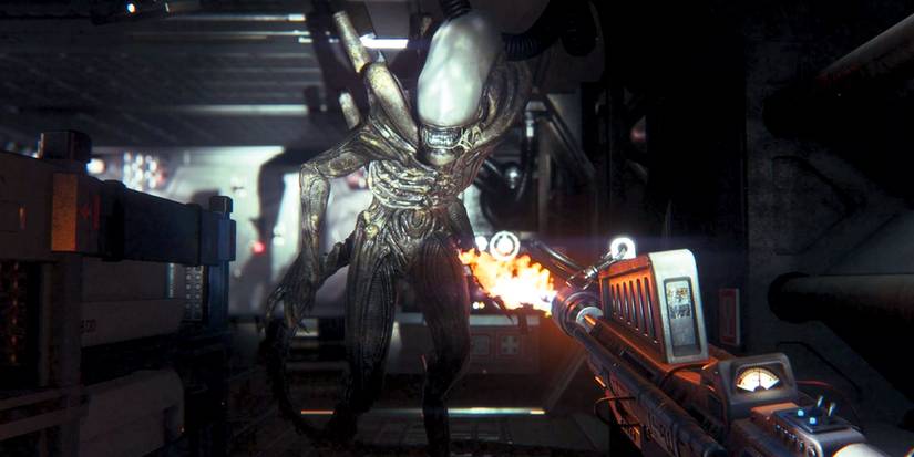 Amanda Ripley Battling The Alien In Alien: Isolation using a flame thrower.