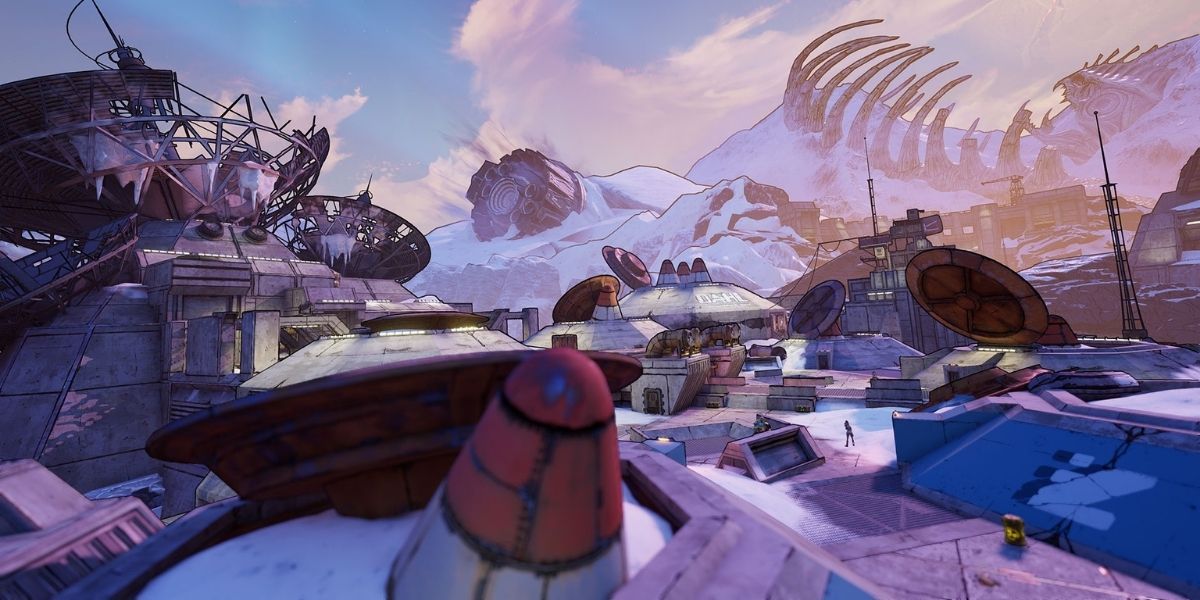 Borderlands 3 Arms Race winter location with satellites and large bones in distance