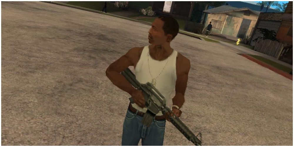 Carl Johnson standing in Grove Street in Grand Theft Auto San Andreas