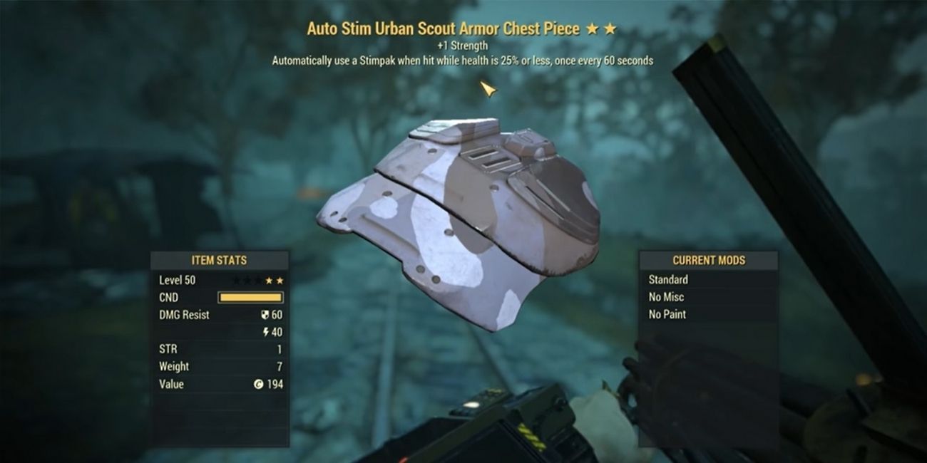 Fallout 76 Menu screen showing an armor piece with the Auto Stim Effect active