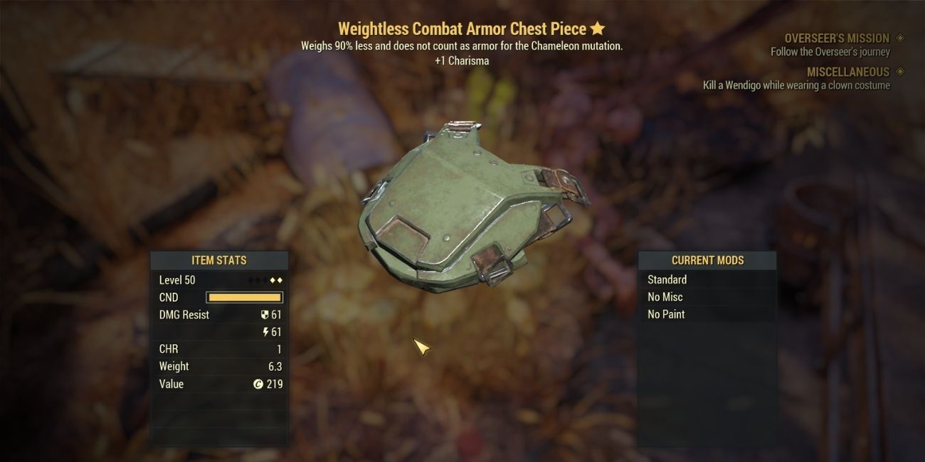 Fallout 76 Menu screen of an armor piece with the Weightless Effect