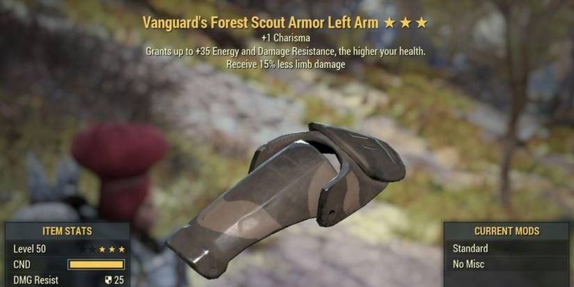 Fallout 76 menu screen showing an armor piece with the Vanguard's Effect on it