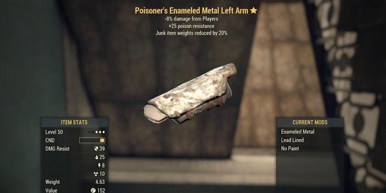 Fallout 76 Menu screen showing an armor piece with the Poisoner's Effect on it