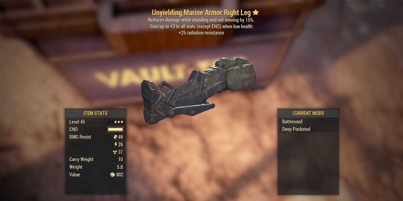 Fallout 76 Menu screen showing an armor piece with the Unyielding Effect on it