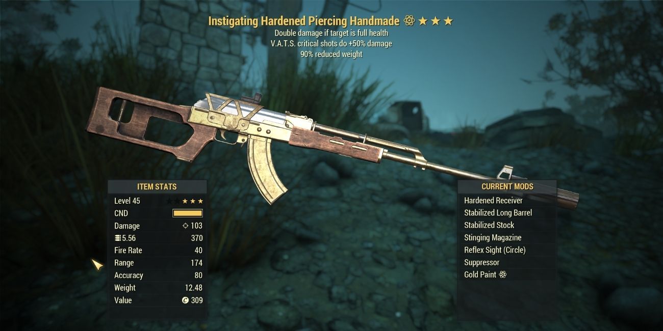 Fallout 76 menu screen showing a rifle with reduced weight