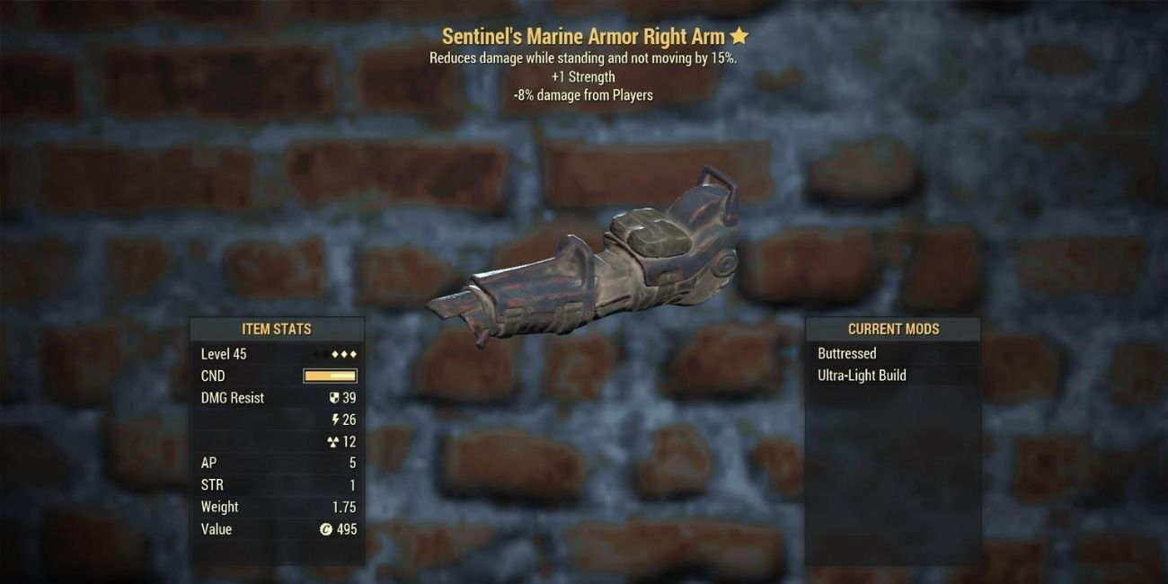 Fallout 76 menu screen showing a piece of armor with the Sentinel's Effect on it