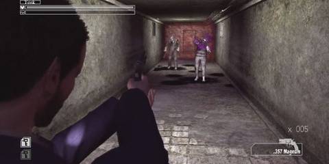 Agent York aiming a gun at enemies down a dark hallway in Deadly Premonition