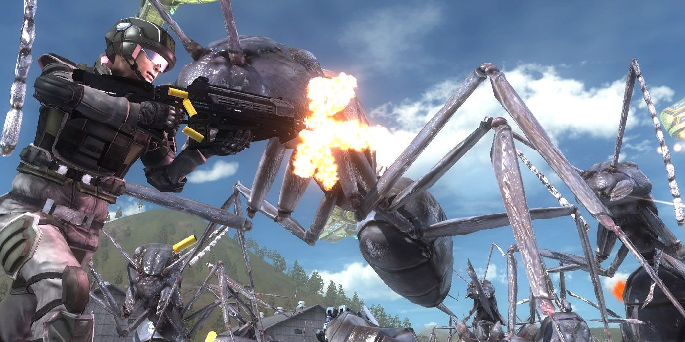 Earth Defense Force 5, soldier shooting bugs