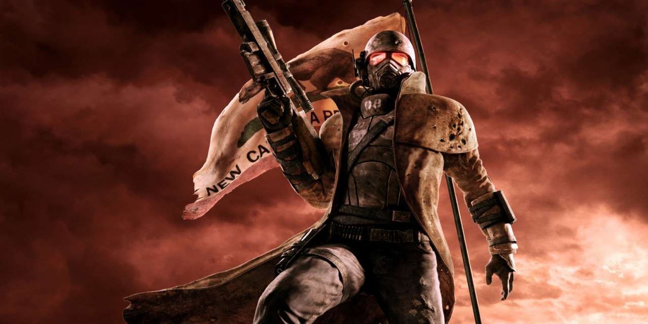 Fallout New Vegas soldier wielding gun in front of flag promo