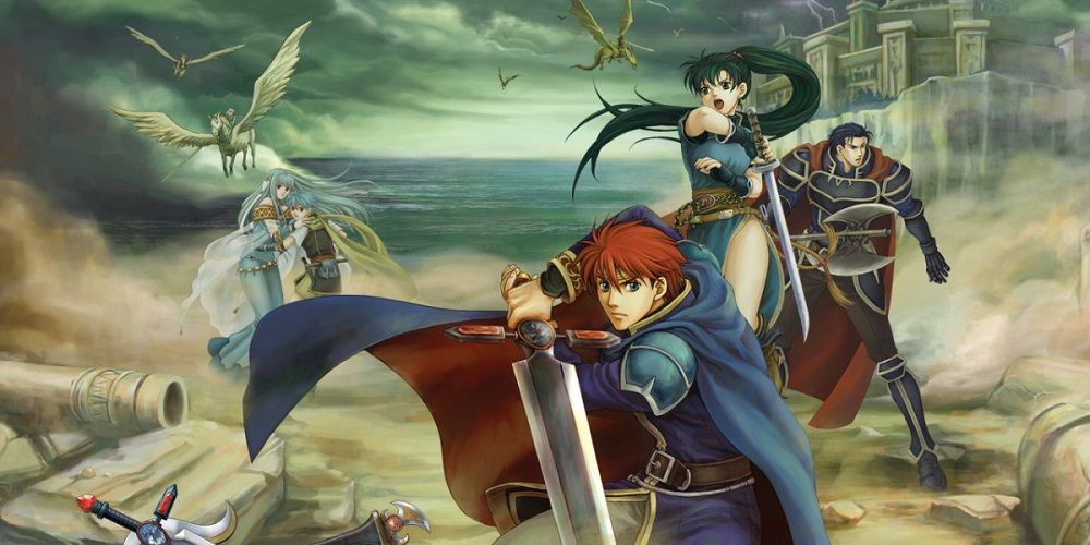 Fire Emblem the Blazing Blade cover artwork showing Eliwood Lyn Hector Nils and Ninian