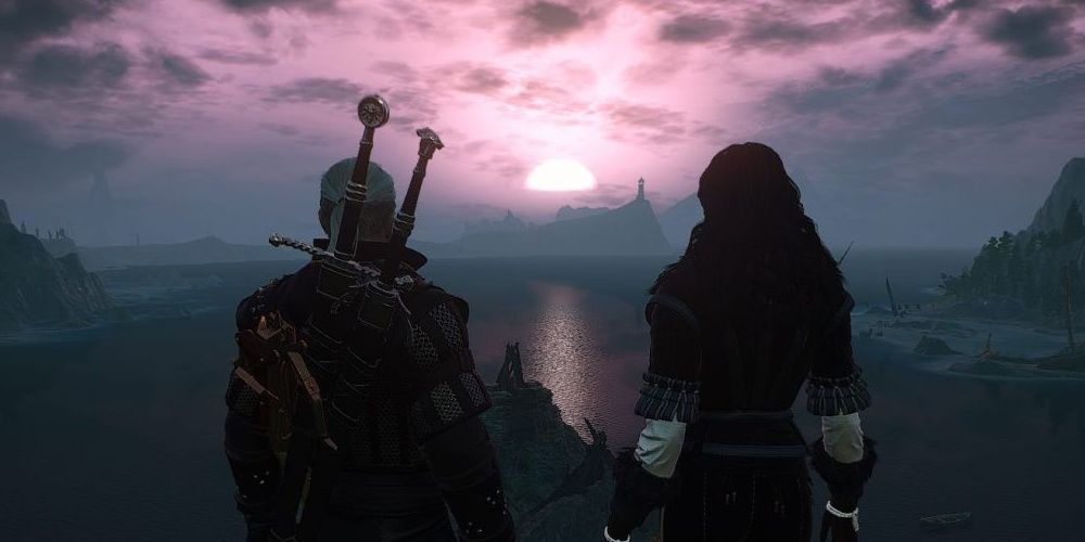 Geralt and Yennefer standing against sunrise in The Witcher 3