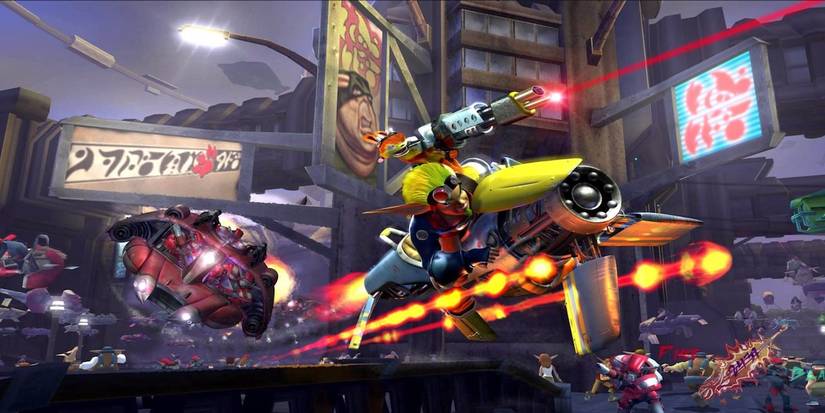 Jak and Daxter being chased in flying vehicle