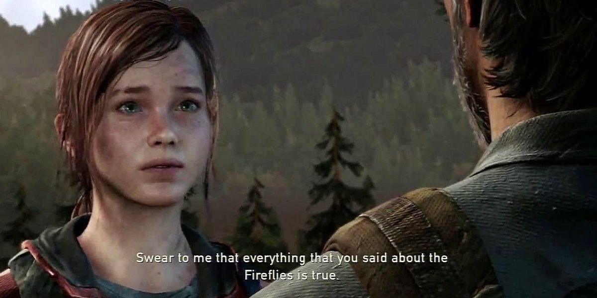 Joel and Ellie talking at the end in The Last of Us