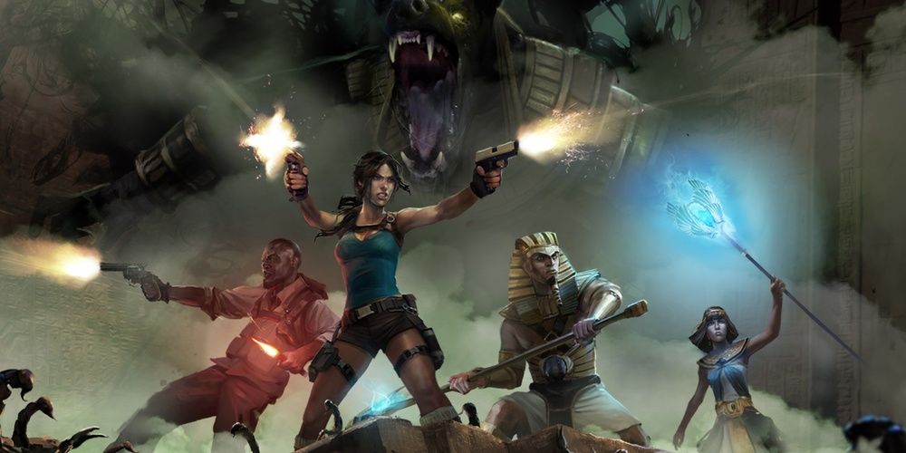 Lara Croft shoots at enemies along with her allies in Lara Croft And The Temple of Osiris