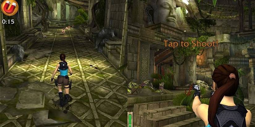 Lara Croft runs in a temple and shoots in Lara Croft Relic Run