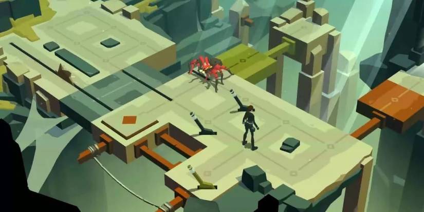 Lara Croft stands in a puzzle sequence in Lara Croft Go