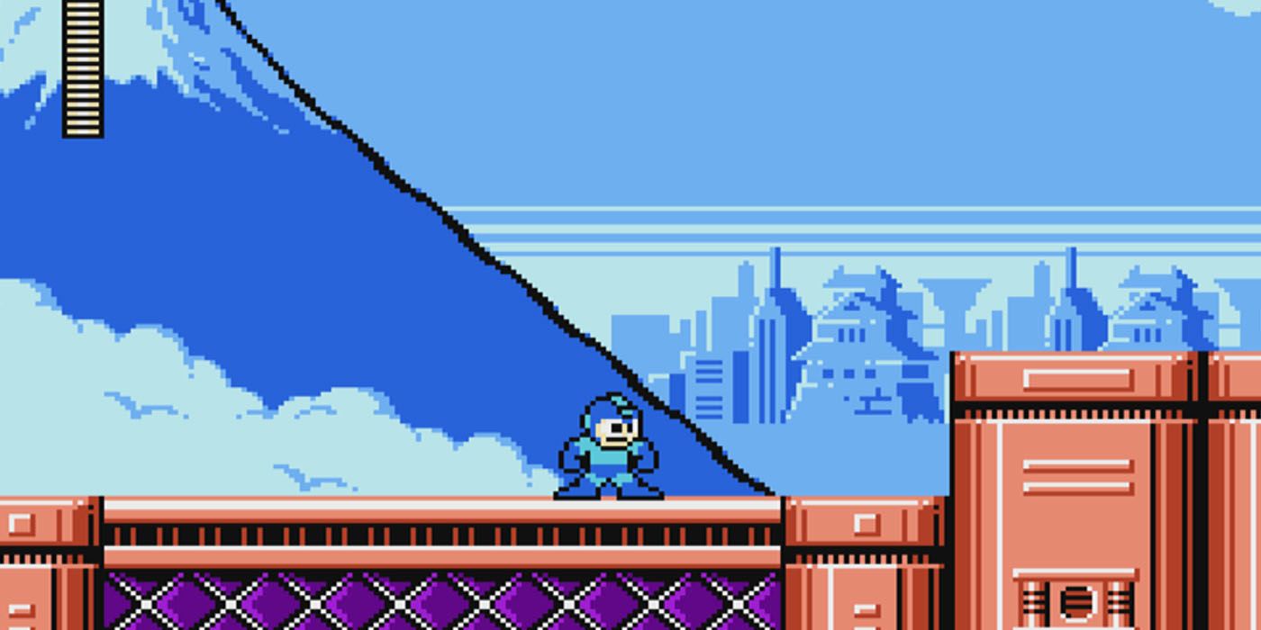 Mega Man in front of a mountain