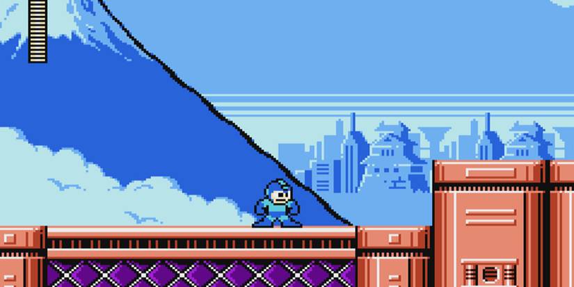 Mega Man in front of a mountain
