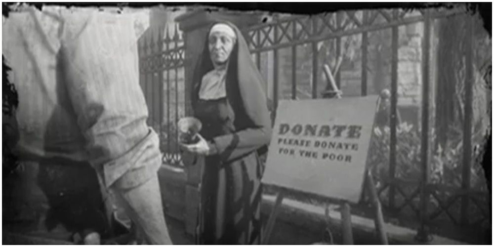 Sister Calderon asking for donations in Of Men And Angels